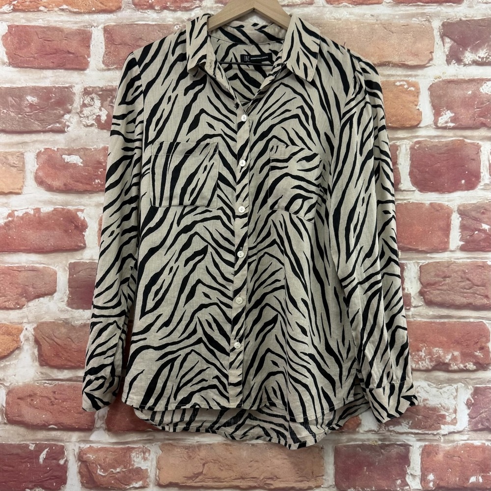 INC Top Women's M Beige Black 100% Linen Zebra Animal Print Button Front Shirt